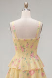 Blue Chiffon Corset Tiered Floral A-Line Square Neck Short Cocktail Dress