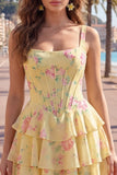 Blue Chiffon Corset Tiered Floral A-Line Square Neck Short Cocktail Dress