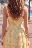 Blue Chiffon Corset Tiered Floral A-Line Square Neck Short Cocktail Dress