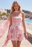 Yellow Strapless Tiered Floral A-Line Ruffle Short Homecoming Dress