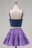 Pink Fuchsia A-Line Corset 2 Piece Thick Straps Short Cocktail Dress with Ruffles