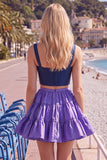 Pink Fuchsia A-Line Corset 2 Piece Thick Straps Short Cocktail Dress with Ruffles
