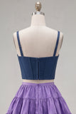 Pink Fuchsia A-Line Corset 2 Piece Thick Straps Short Cocktail Dress with Ruffles