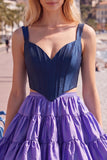 Pink Fuchsia A-Line Corset 2 Piece Thick Straps Short Cocktail Dress with Ruffles