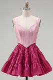 Pink Fuchsia A-Line Corset 2 Piece Thick Straps Short Cocktail Dress with Ruffles