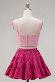 Pink Fuchsia A-Line Corset 2 Piece Thick Straps Short Cocktail Dress with Ruffles