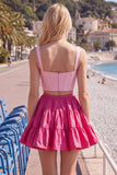 Pink Fuchsia A-Line Corset 2 Piece Thick Straps Short Cocktail Dress with Ruffles