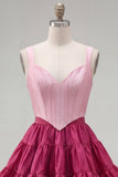 Pink Fuchsia A-Line Corset 2 Piece Thick Straps Short Cocktail Dress with Ruffles