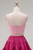 Pink Fuchsia A-Line Corset 2 Piece Thick Straps Short Cocktail Dress with Ruffles