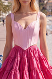 Pink Fuchsia A-Line Corset 2 Piece Thick Straps Short Cocktail Dress with Ruffles