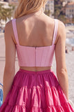 Pink Fuchsia A-Line Corset 2 Piece Thick Straps Short Cocktail Dress with Ruffles