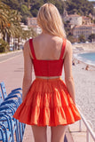 Pink Fuchsia A-Line Corset 2 Piece Thick Straps Short Cocktail Dress with Ruffles