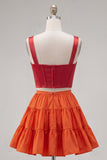 Pink Fuchsia A-Line Corset 2 Piece Thick Straps Short Cocktail Dress with Ruffles