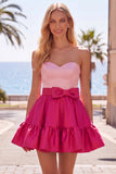 A-Line Navy Purple Satin Sweetheart Ruffled Homecoming Dress with Bow