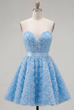 Sweetheart Pink A-Line 3D Floral Short Homecoming Dress with Lace Up Back