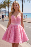 Sweetheart Pink A-Line 3D Floral Short Homecoming Dress with Lace Up Back
