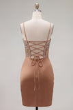 Khaki Bodycon Ruched Spaghetti Straps Lace Up Back Homecoming Dress with Beading