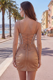 Khaki Bodycon Ruched Spaghetti Straps Lace Up Back Homecoming Dress with Beading