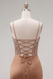 Khaki Bodycon Ruched Spaghetti Straps Lace Up Back Homecoming Dress with Beading