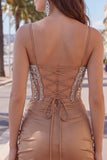 Khaki Bodycon Ruched Spaghetti Straps Lace Up Back Homecoming Dress with Beading