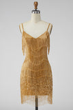 Golden Bodycon Spaghetti Straps Short Cocktail Dress with Fringes