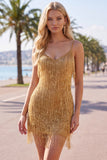Golden Bodycon Spaghetti Straps Short Cocktail Dress with Fringes