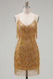 Golden Bodycon Spaghetti Straps Short Cocktail Dress with Fringes