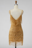 Golden Bodycon Spaghetti Straps Short Cocktail Dress with Fringes