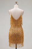 Golden Bodycon Spaghetti Straps Short Cocktail Dress with Fringes