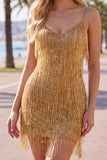 Golden Bodycon Spaghetti Straps Short Cocktail Dress with Fringes