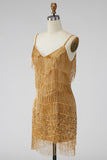 Golden Bodycon Spaghetti Straps Short Cocktail Dress with Fringes