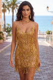 Golden Bodycon Spaghetti Straps Short Cocktail Dress with Fringes