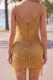 Golden Bodycon Spaghetti Straps Short Cocktail Dress with Fringes