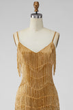 Golden Bodycon Spaghetti Straps Short Cocktail Dress with Fringes