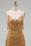 Golden Bodycon Spaghetti Straps Short Cocktail Dress with Fringes
