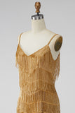 Golden Bodycon Spaghetti Straps Short Cocktail Dress with Fringes