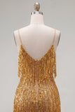 Golden Bodycon Spaghetti Straps Short Cocktail Dress with Fringes