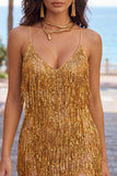 Golden Bodycon Spaghetti Straps Short Cocktail Dress with Fringes