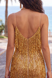 Golden Bodycon Spaghetti Straps Short Cocktail Dress with Fringes