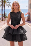 Yellow A-Line Round Neck Tiered Short Cocktail Dress with Pearls