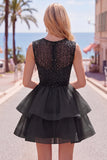 Yellow A-Line Round Neck Tiered Short Cocktail Dress with Pearls
