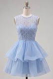 Yellow A-Line Round Neck Tiered Short Cocktail Dress with Pearls