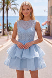 Yellow A-Line Round Neck Tiered Short Cocktail Dress with Pearls