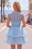 Yellow A-Line Round Neck Tiered Short Cocktail Dress with Pearls