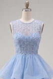 Yellow A-Line Round Neck Tiered Short Cocktail Dress with Pearls