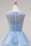 Yellow A-Line Round Neck Tiered Short Cocktail Dress with Pearls