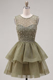 Yellow A-Line Round Neck Tiered Short Cocktail Dress with Pearls