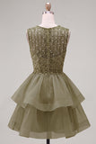 Yellow A-Line Round Neck Tiered Short Cocktail Dress with Pearls