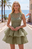 Yellow A-Line Round Neck Tiered Short Cocktail Dress with Pearls