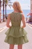 Yellow A-Line Round Neck Tiered Short Cocktail Dress with Pearls